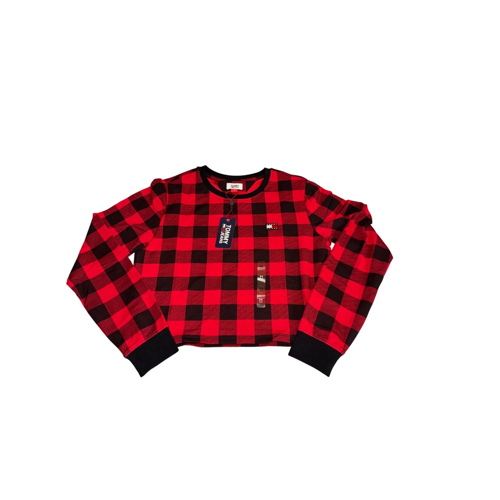 Tommy Jeans Women's Red Black Plaid Long Sleeve Crop Top Size Medium T Shirt